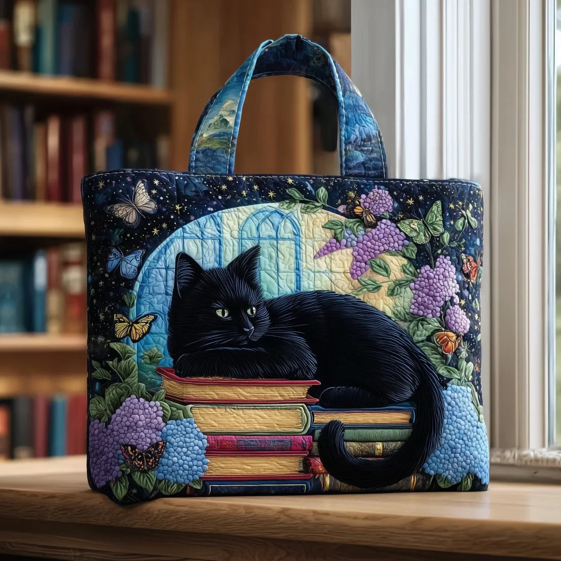 Black Cat on a Stack of Books Tote Bag