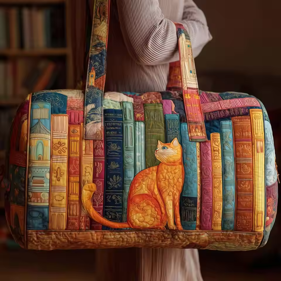 Cat and Bookshelf Weekender Bag | Jade