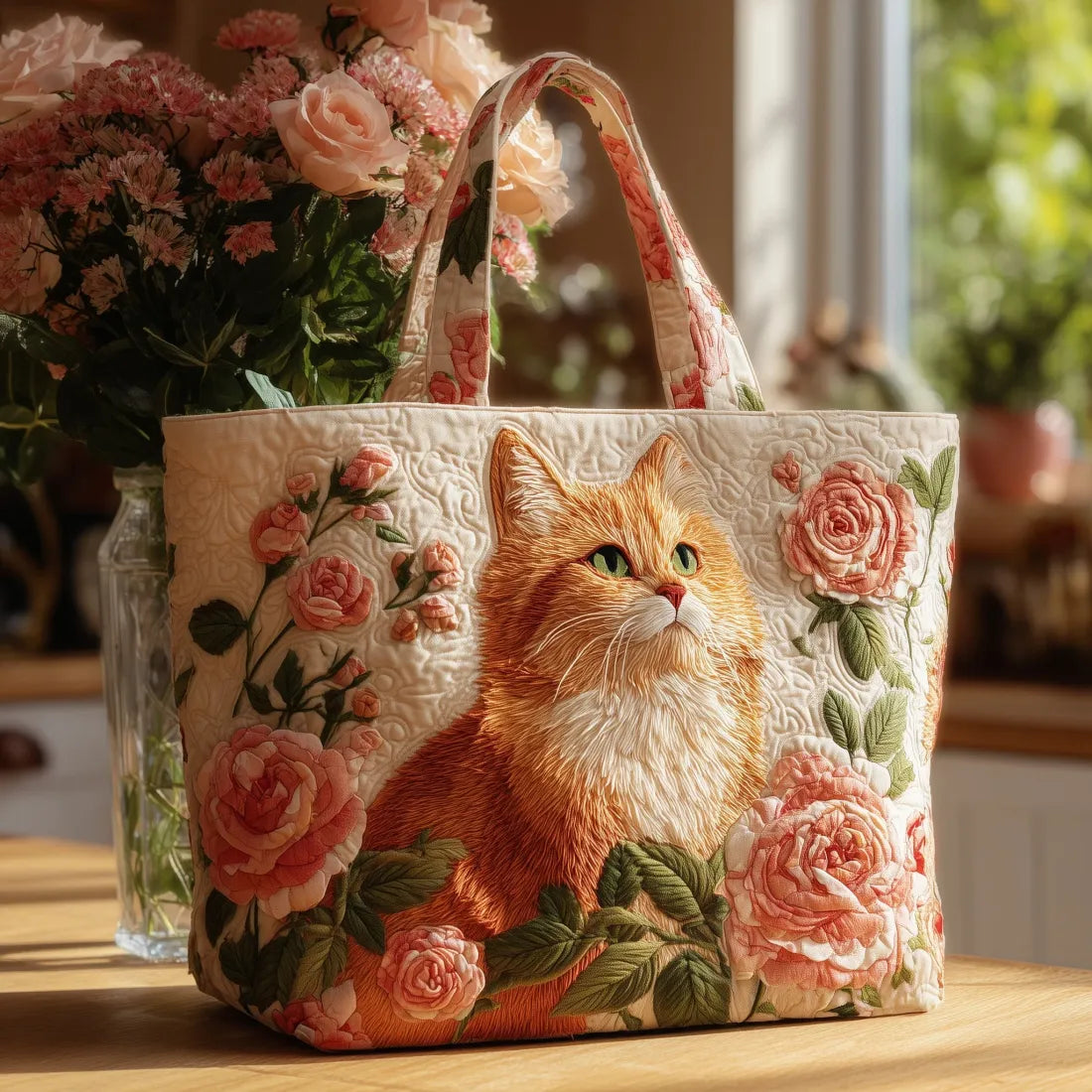 Red Cats and Roses Tote Bag